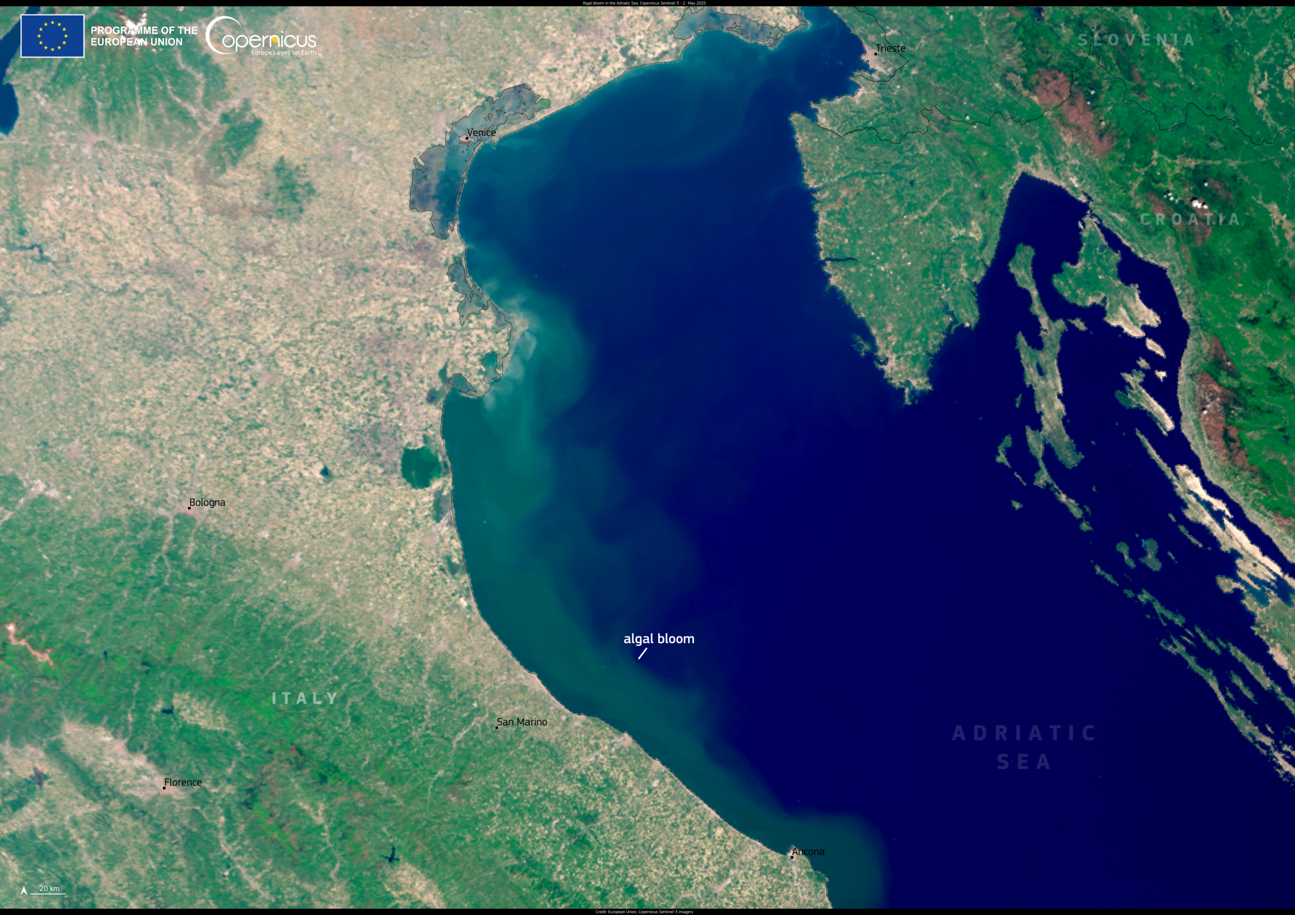 Satellite image showing an algae bloom spreading across Mediterranean coastal waters